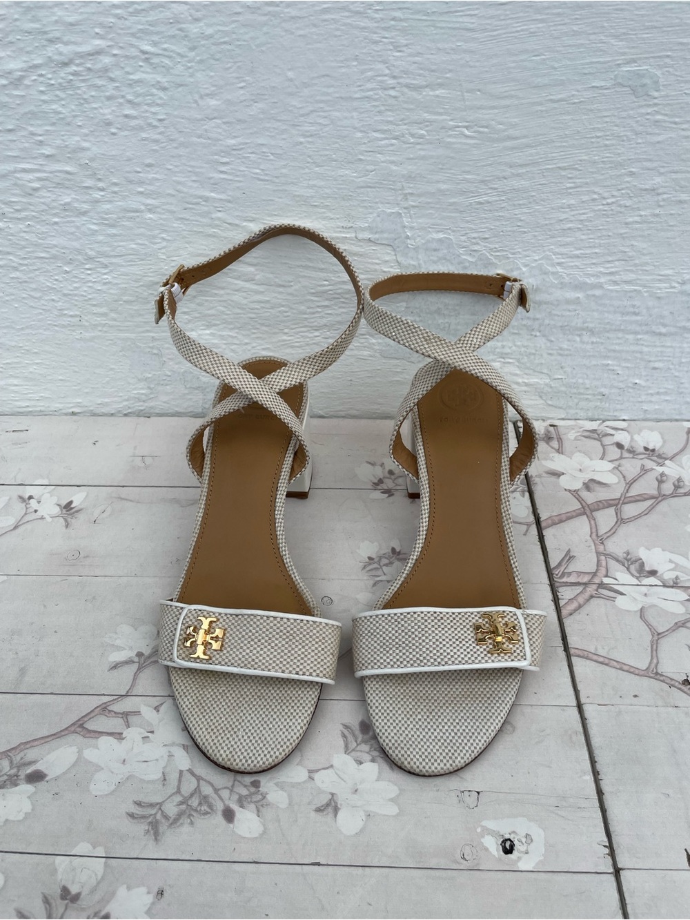 Tory Burch White Textured Crisscross Ankle-Strap Sandals with Gold Logo
